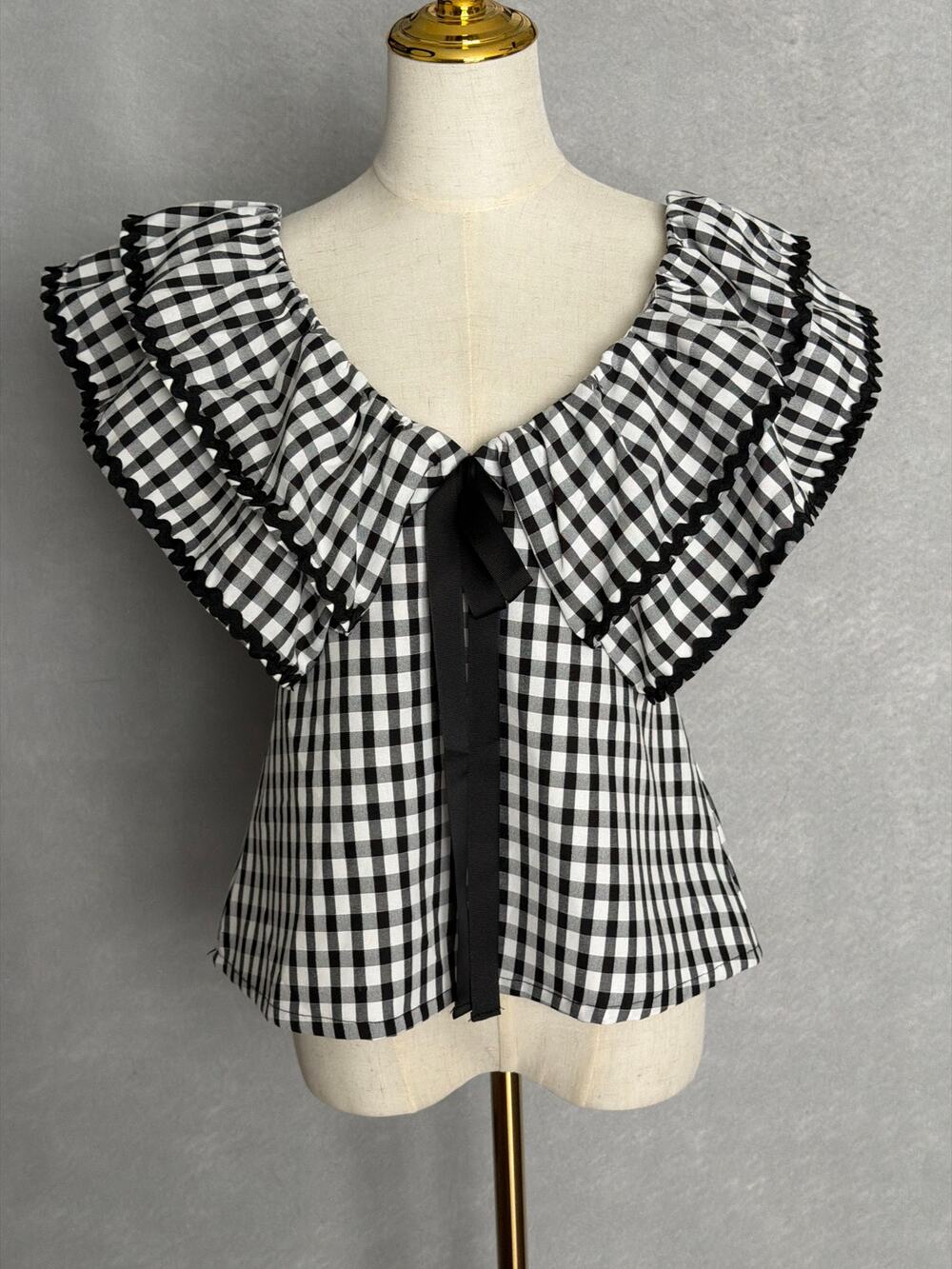 Sugarlips Gingham Top Exaggerated Collar with Bow Women's Medium NEW